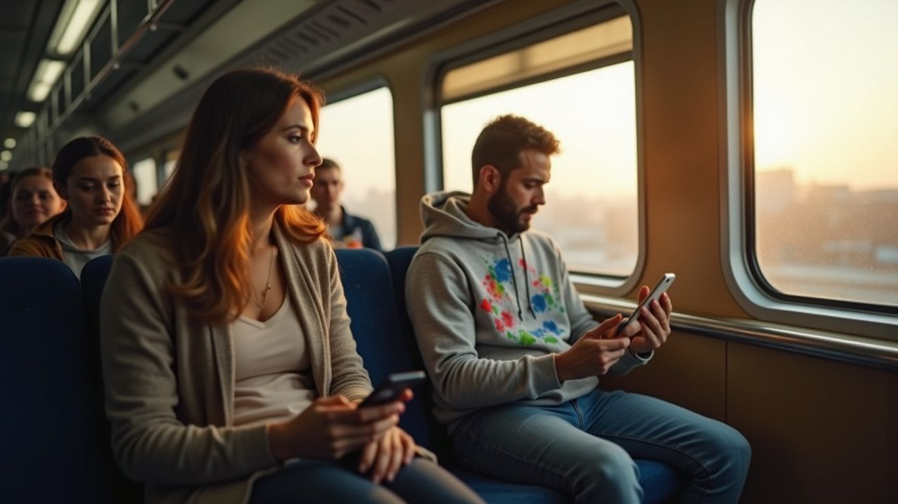 Passageiros no comboio a usar telemóveis, com um belo pôr do sol visível pela janela.