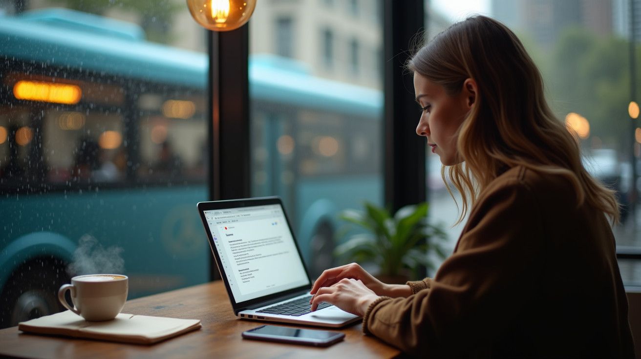 Mulher a trabalhar num portátil numa cafetaria, com um autocarro azul visível pela janela sob chuva.