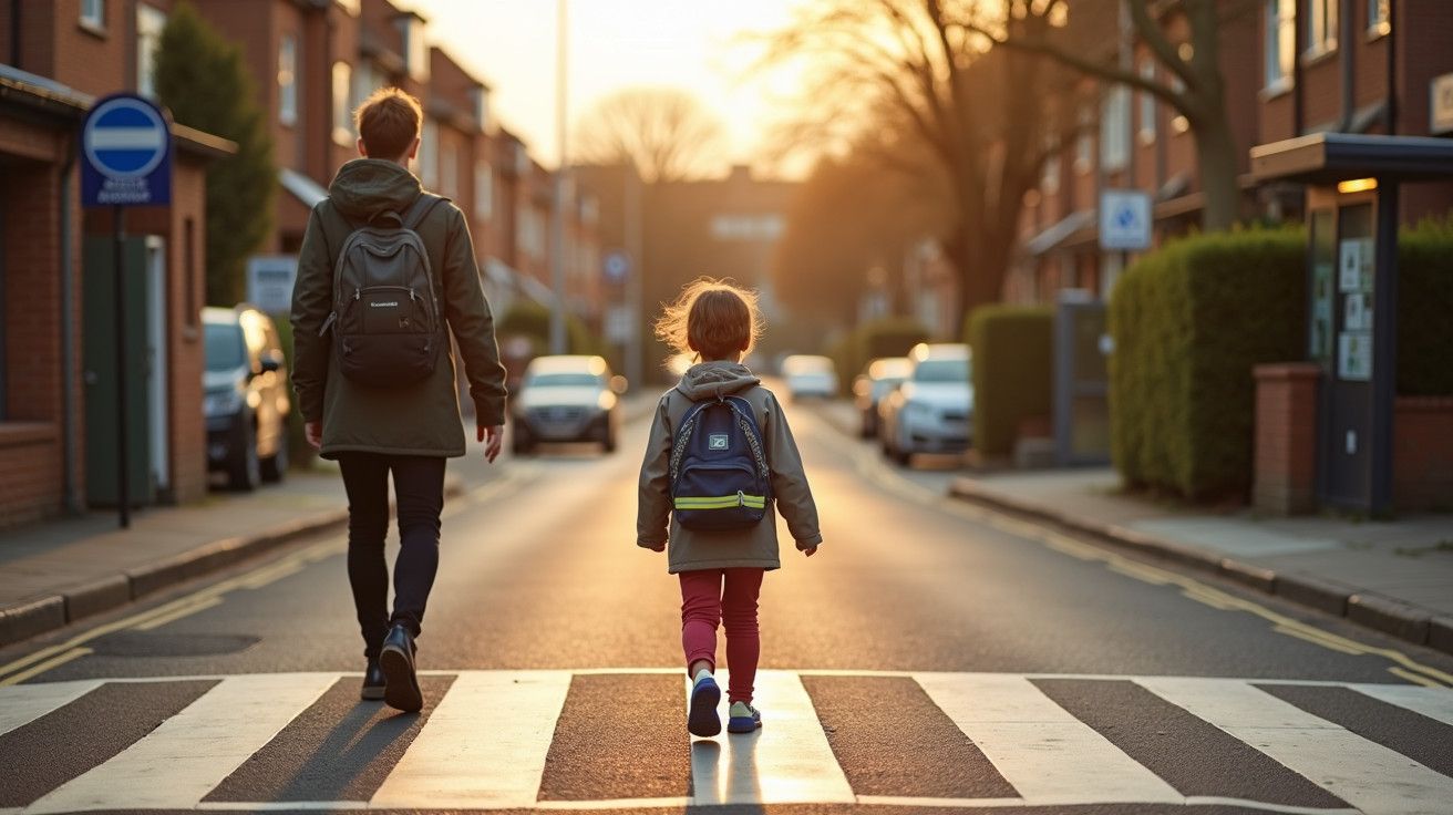 Duas pessoas atravessam passadeira ao pôr do sol numa rua urbana, ambas com mochilas nas costas.