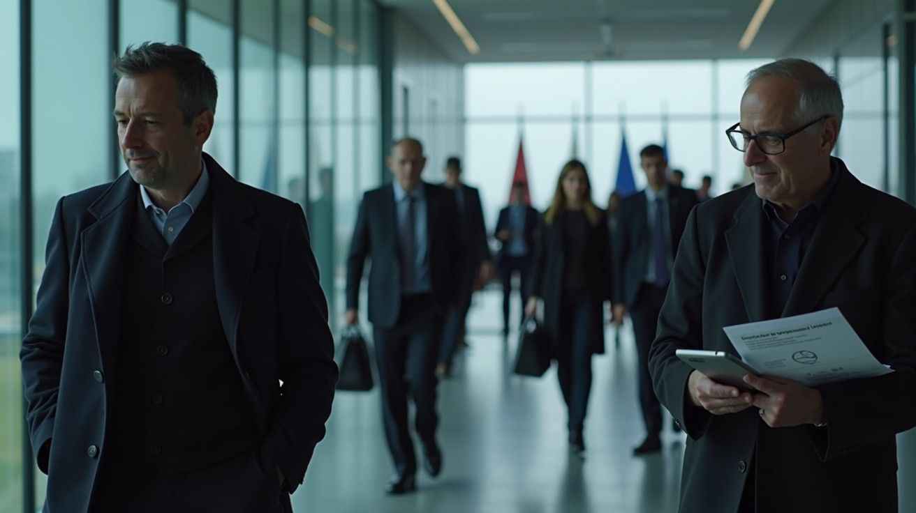 Homens em trajes formais caminham num corredor moderno e envidraçado. Ao fundo, pessoas e bandeiras desfocadas.