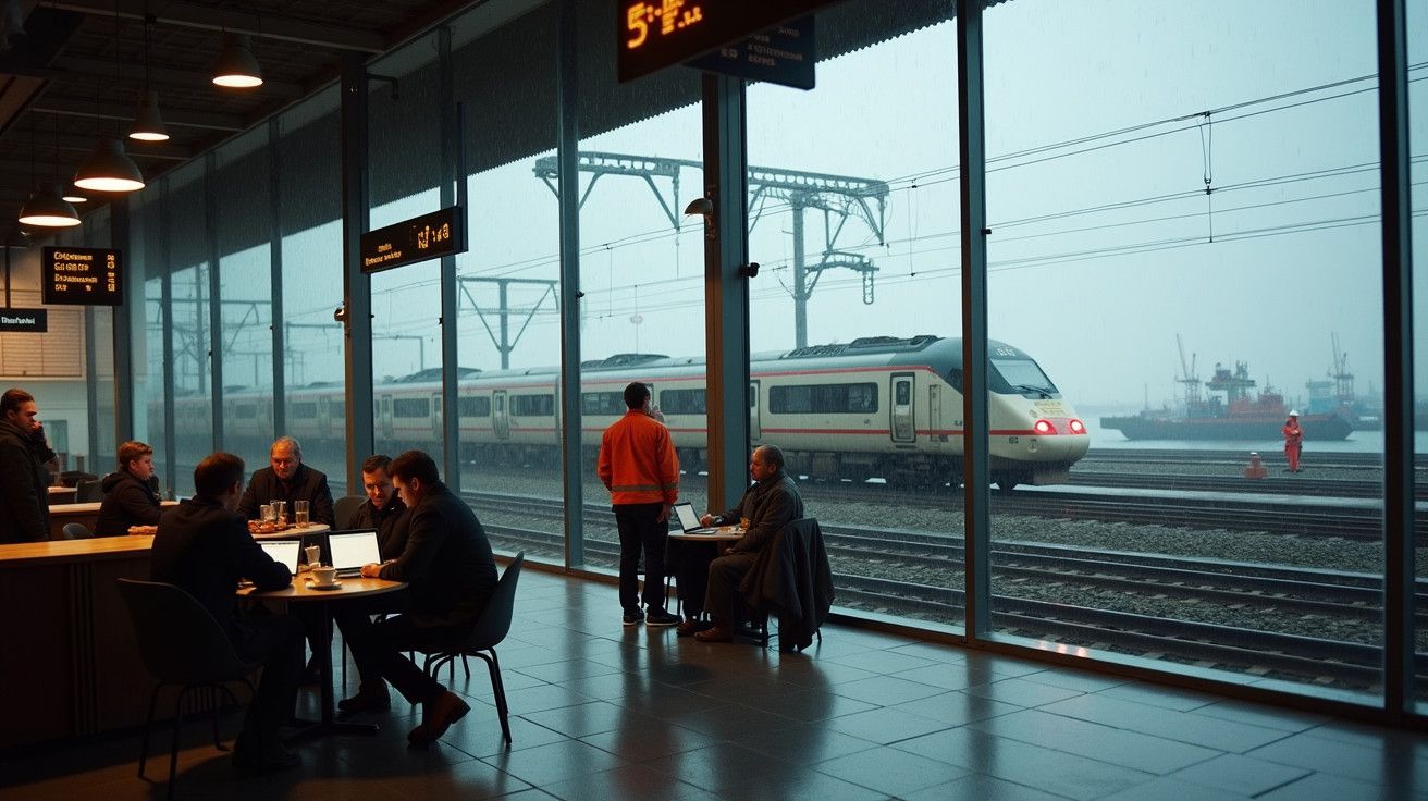 Passageiros sentados em café de estação de comboios, observando comboio em movimento através de janelas de vidro.