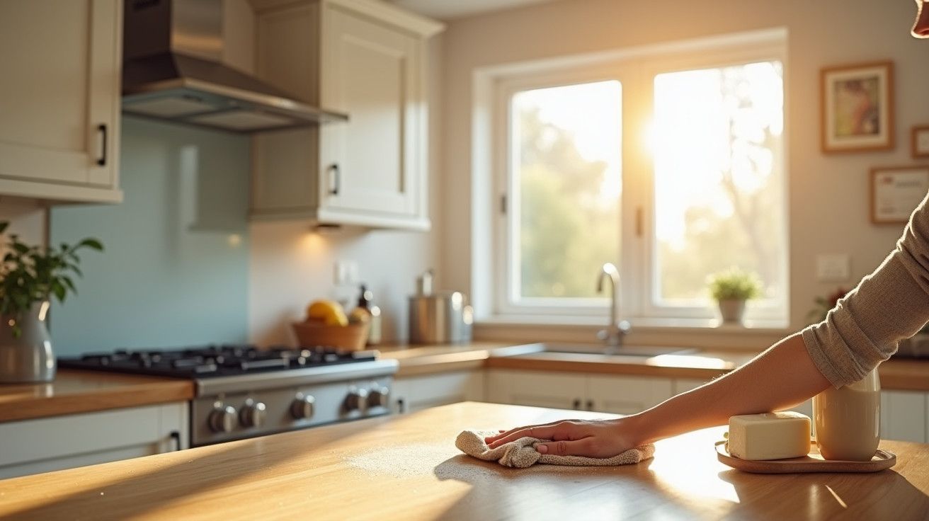 Cozinha luminosa com balcões de madeira; mão limpa bancada ao pôr do sol através da janela.