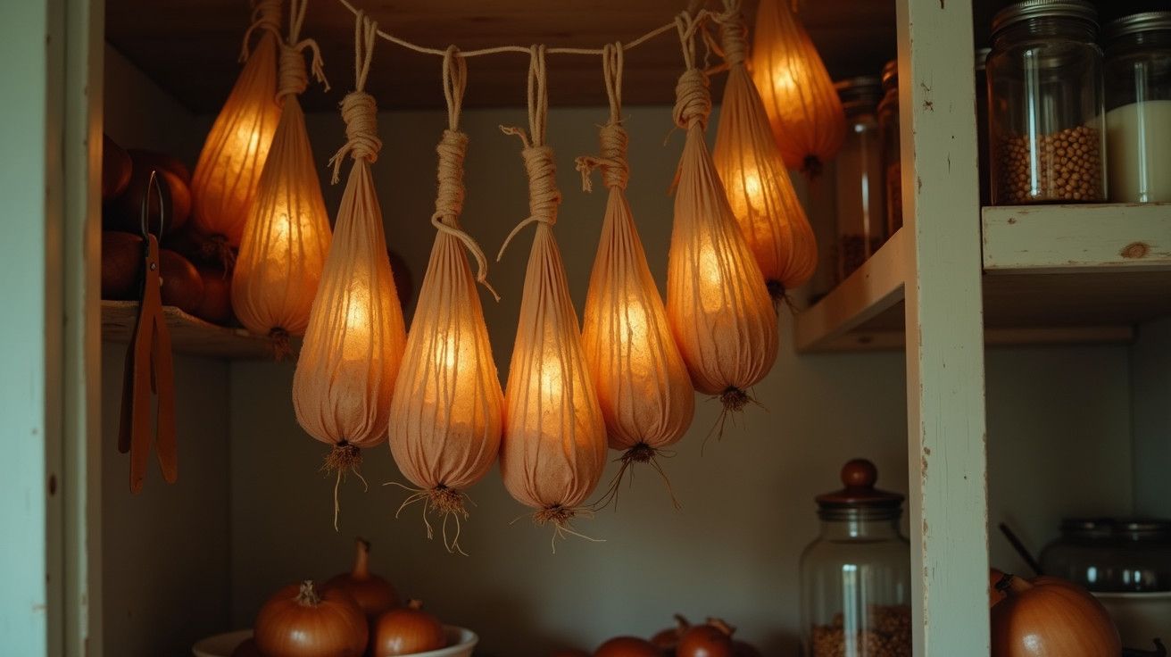 Luzes decorativas em forma de cebola penduradas em despensa rústica, com frascos e taças ao fundo.