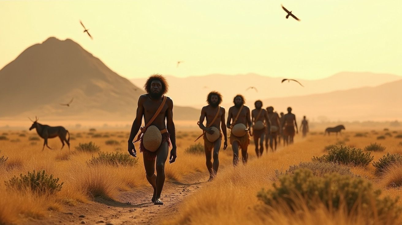 Grupo de pessoas caminhando em savana ao pôr do sol, com montanha e animais ao fundo.