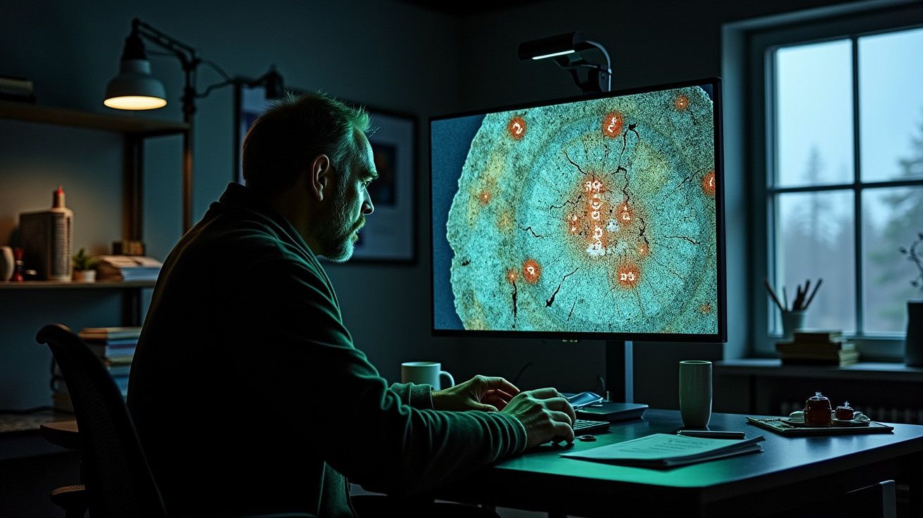 Homem a trabalhar no computador, concentrado num ecrã com imagem detalhada numa sala com luz suave.