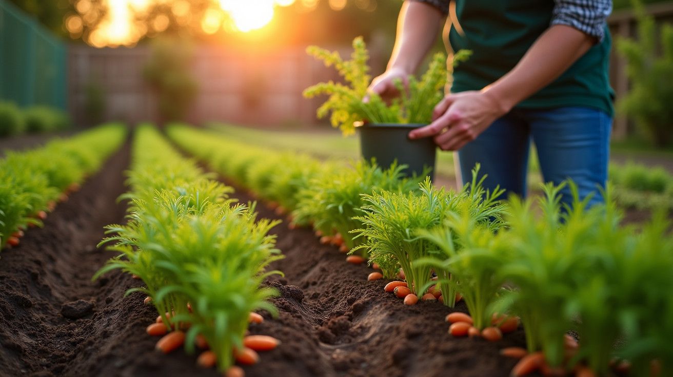 Pessoa colhe cenouras num campo ao pôr do sol, com fileiras organizadas de plantas em crescimento.