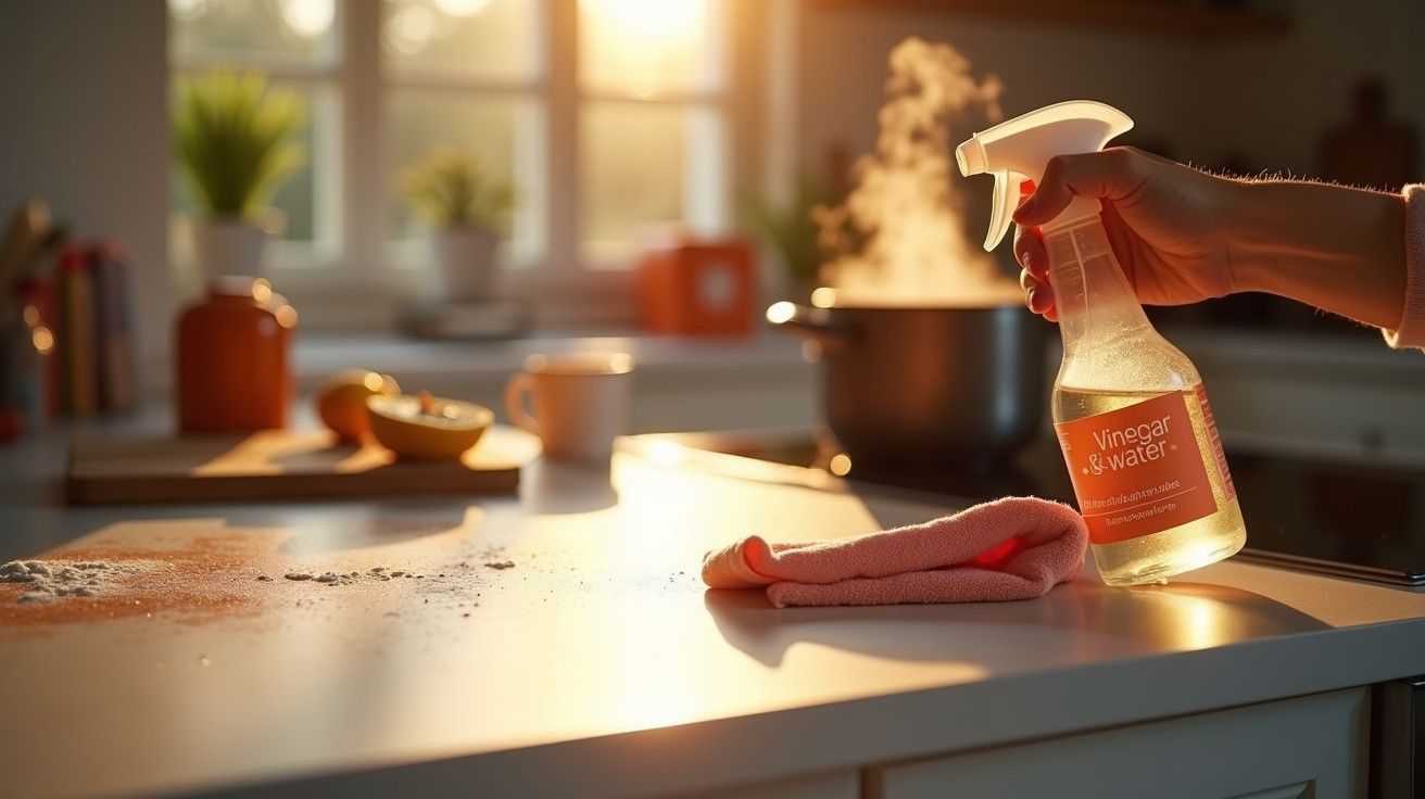 Mão segurando spray de vinagre e água ao pôr do sol numa cozinha, com pano e bancada limpa ao lado do fogão.