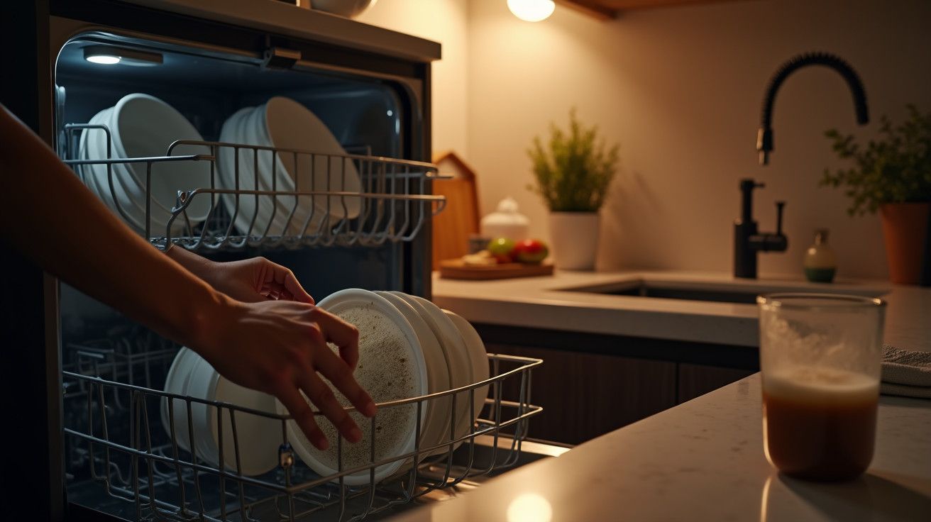 Pessoa a retirar pratos de uma máquina de lavar loiça numa cozinha iluminada, com plantas ao fundo.