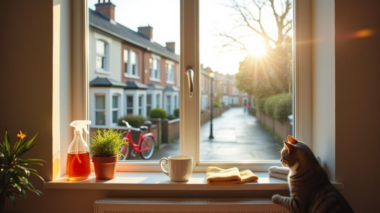 Gato olha pela janela ensolarada para rua, com planta, chávena e spray no parapeito.
