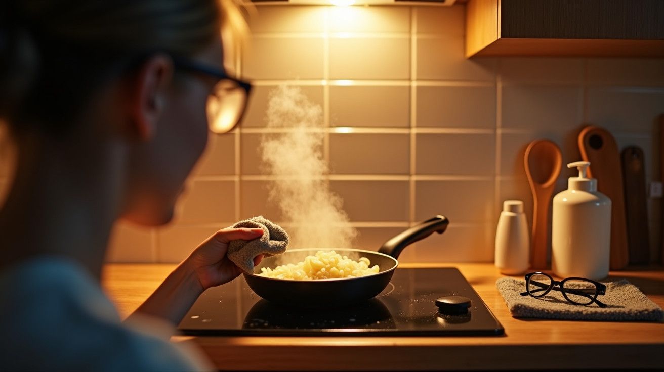 Mulher cozinha massa numa frigideira numa cozinha iluminada, com vapor a subir do prato.