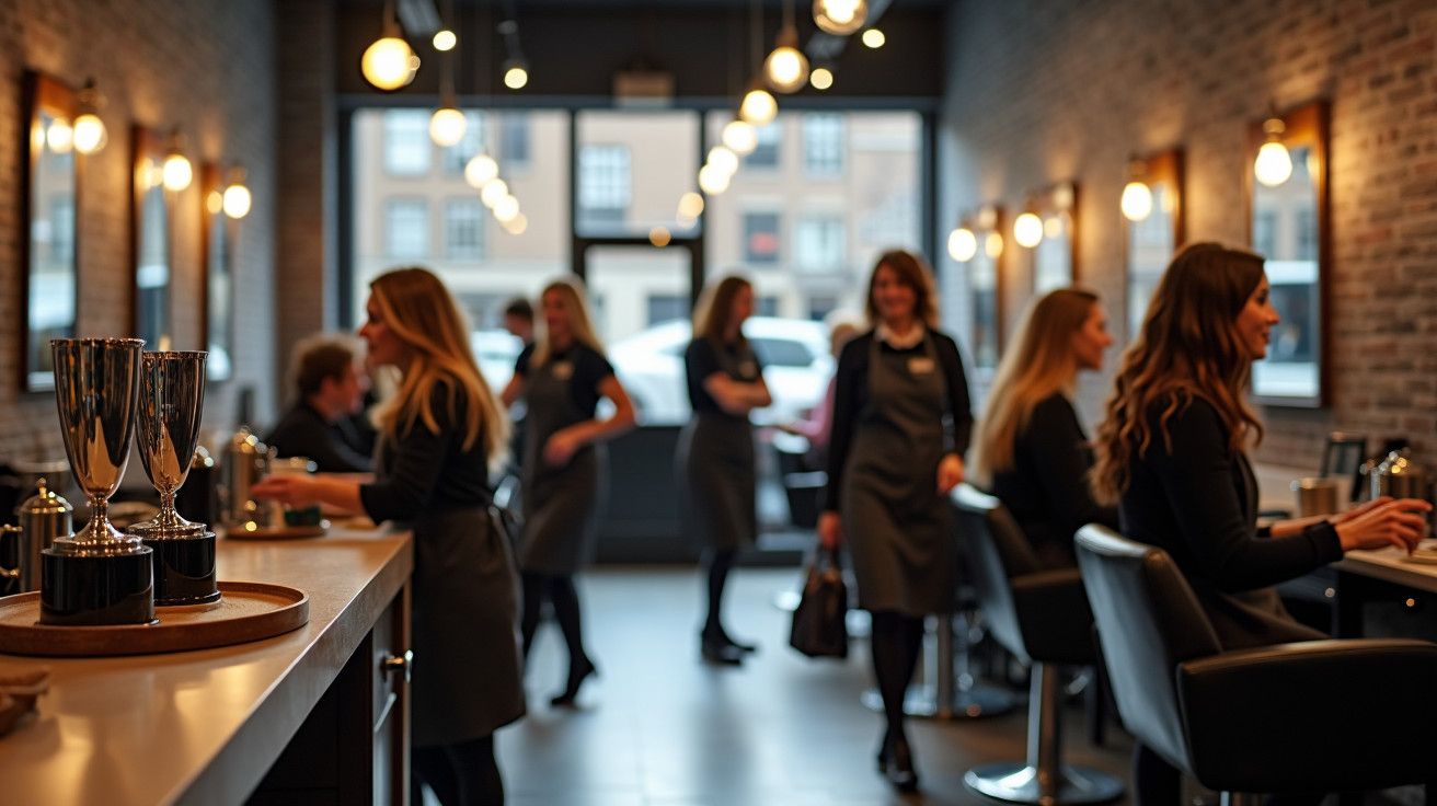 Cabeleireiro moderno com pessoas em atendimento; espelhos iluminados e cadeiras alinhadas em salão de tijolos expostos.