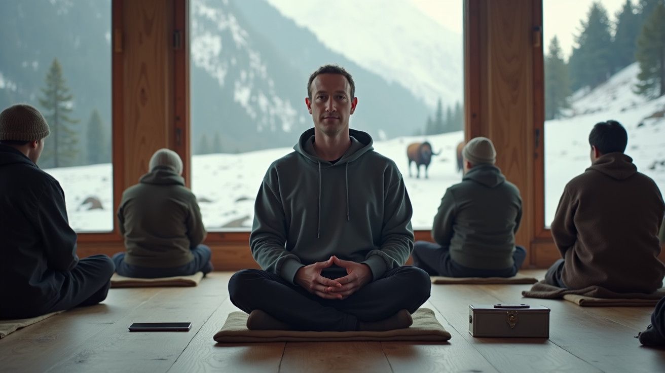 Cinco pessoas meditam em frente a uma janela com vista para montanhas cobertas de neve, um bisão está ao fundo.