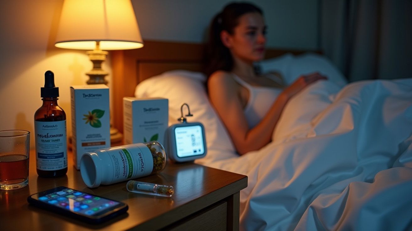 Mulher na cama com medicamentos, luz de cabeceira acesa, despertador e telemóvel na mesa de cabeceira.