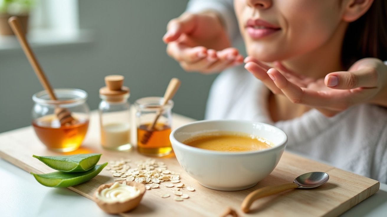 Mulher a aplicar máscara facial caseira com ingredientes naturais num tabuleiro.