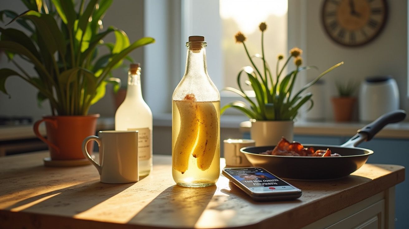 Garrafa com banana e canela, chávena, telemóvel e frigideira com bacon numa cozinha ensolarada com plantas.