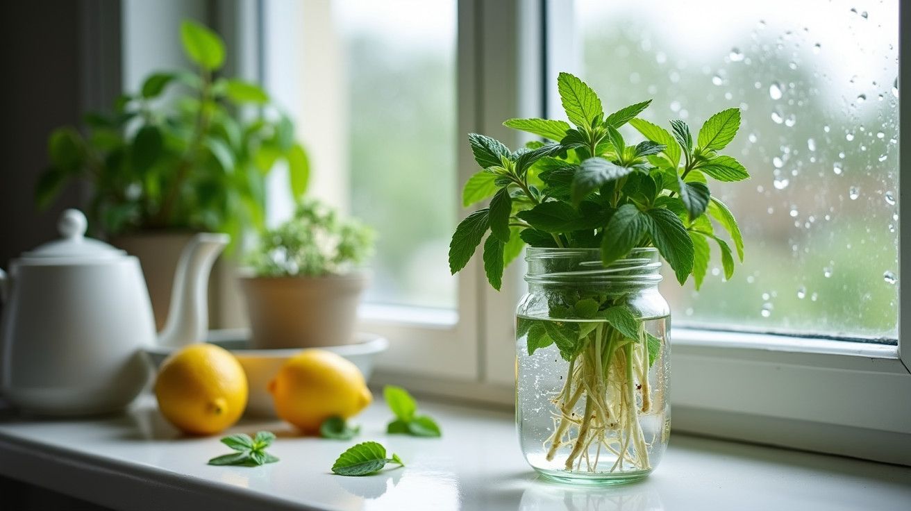 Pote de vidro com hortelã em água numa janela, limões e chaleira brancos ao lado sobre o peitoril molhado.