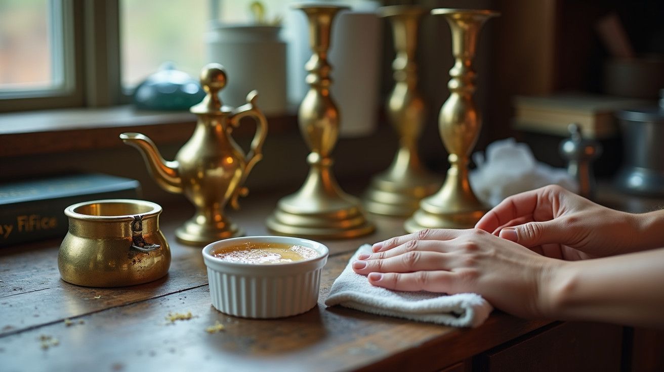 Mãos limpam mesa de madeira com panos perto de objetos dourados e uma tigela de cerâmica branca.