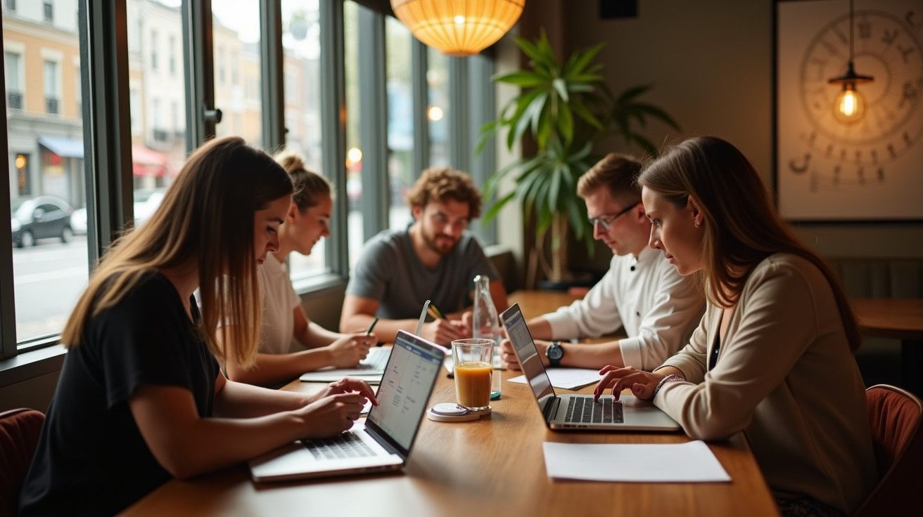 Grupo de cinco pessoas trabalha em computadores portáteis numa mesa de café, perto de janelas grandes, com luz natural.
