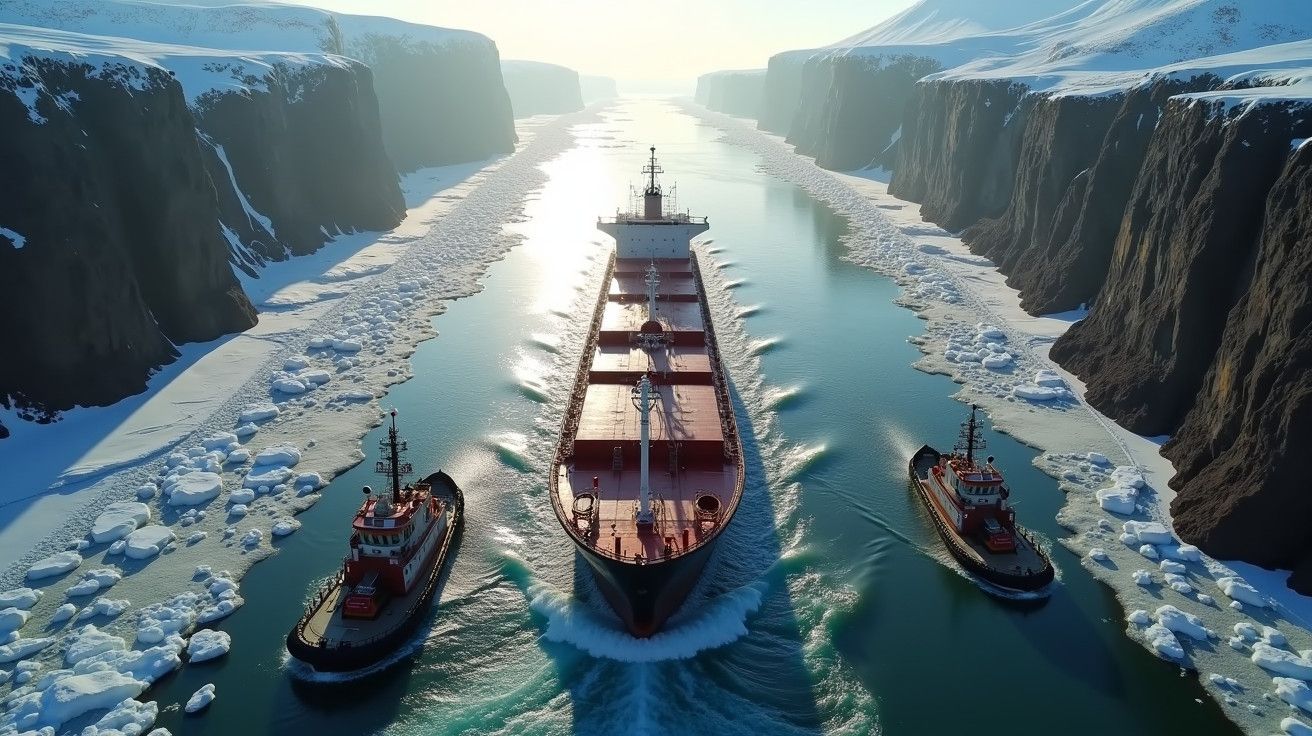 Navio escoltado por dois rebocadores a navegar por estreito glaciar, rodeado de falésias cobertas de neve.