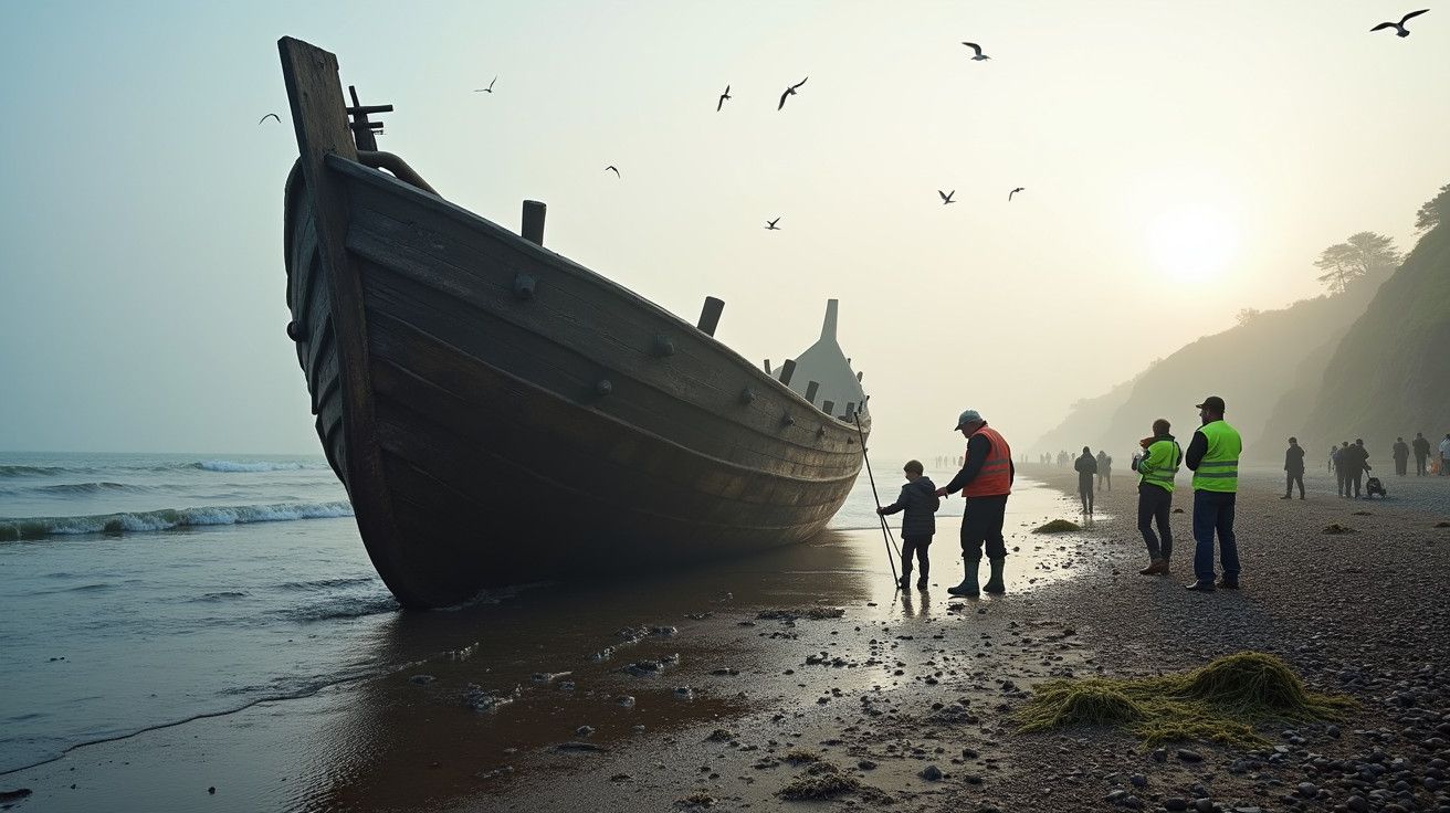 Barco encalhado na praia com pessoas a observar e gaivotas a voar, ao nascer do sol.