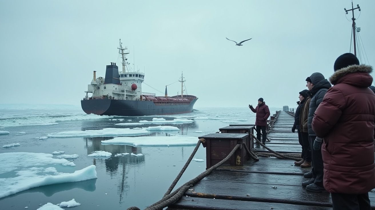 Navio quebra-gelo navegando em mar gelado próximo de um cais, com pessoas a observar e uma gaivota a sobrevoar.