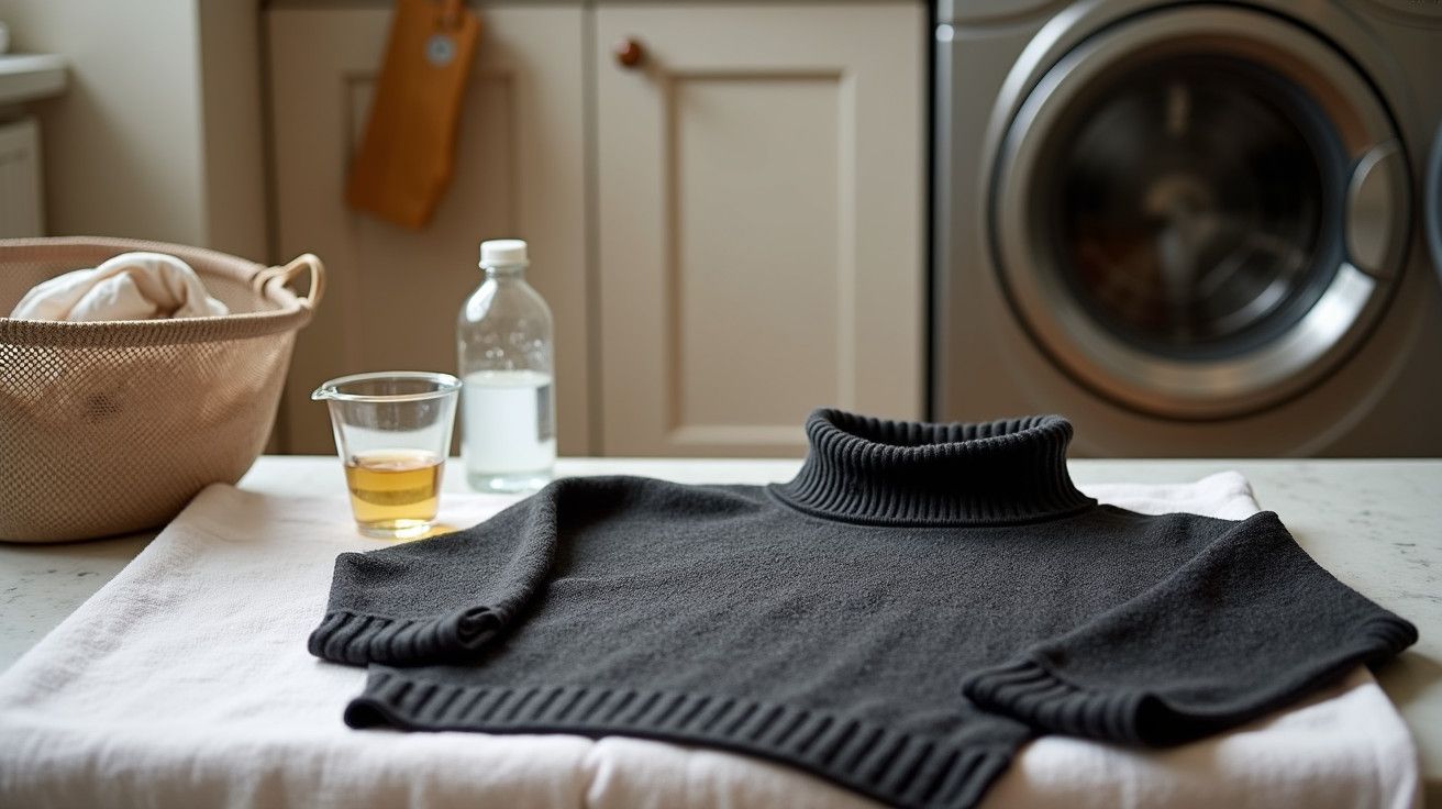Camisola de lã preta estendida numa toalha em cima de uma bancada, com garrafa e copo ao lado, máquina de lavar ao fundo.