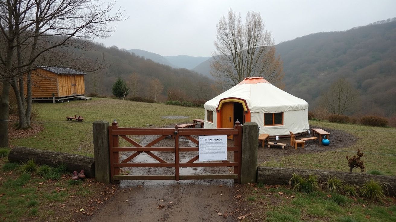 Portão de madeira a dar acesso a uma yurt num campo aberto com colinas e árvores ao fundo.