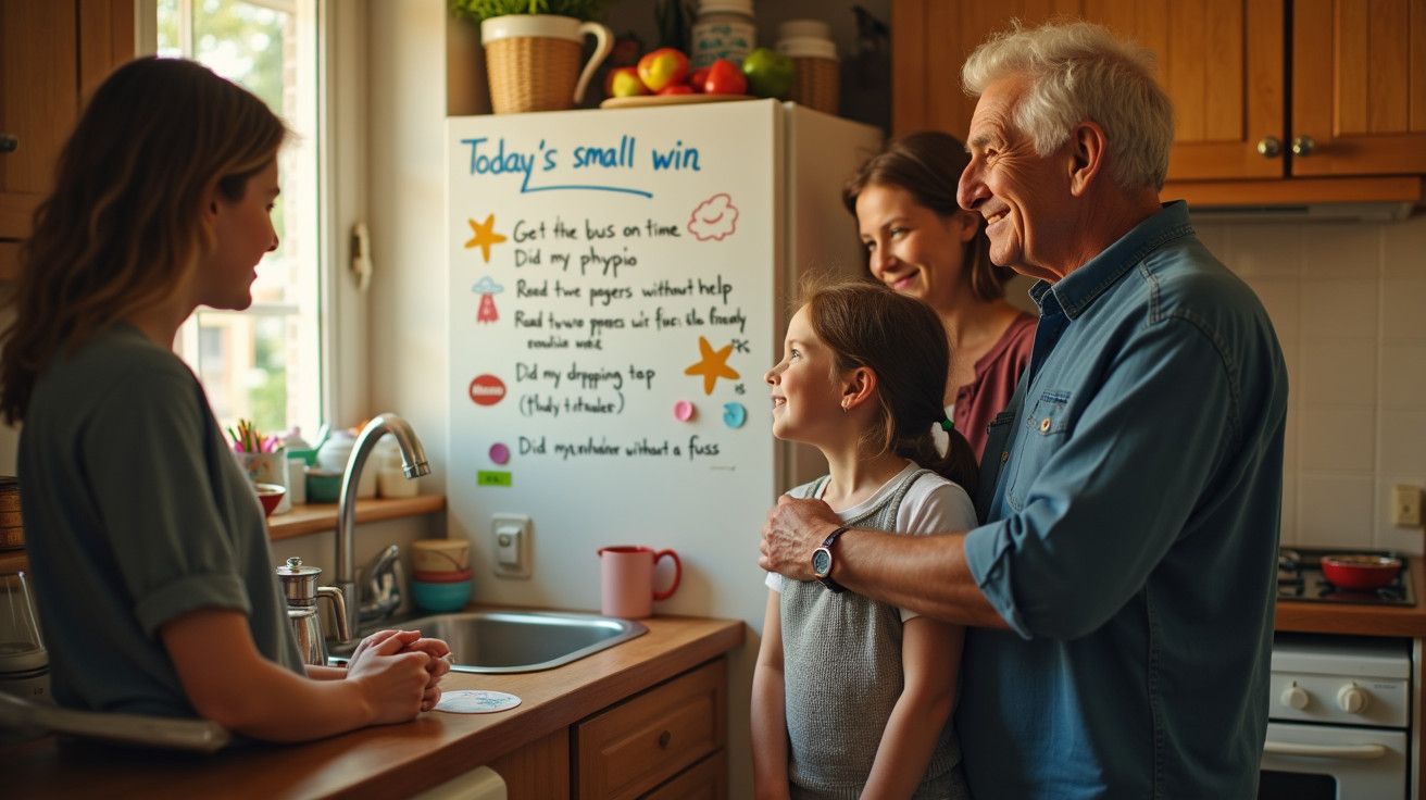 Família feliz reúne-se na cozinha, com um quadro ao fundo intitulado "Today's small win" com lista de conquistas.