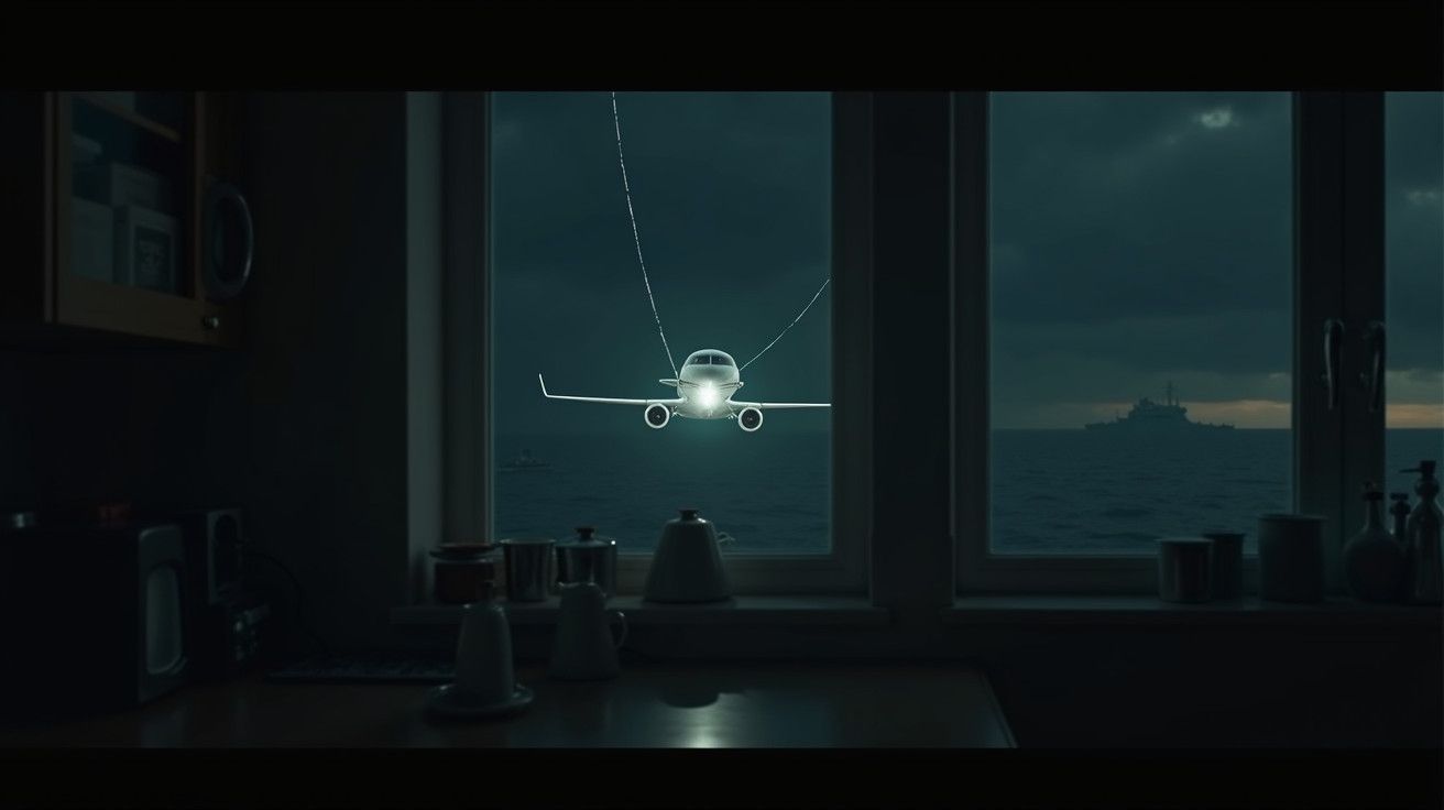 Avião brilhante visto através de janela de cozinha, com cenário de mar e céu escuro ao fundo.