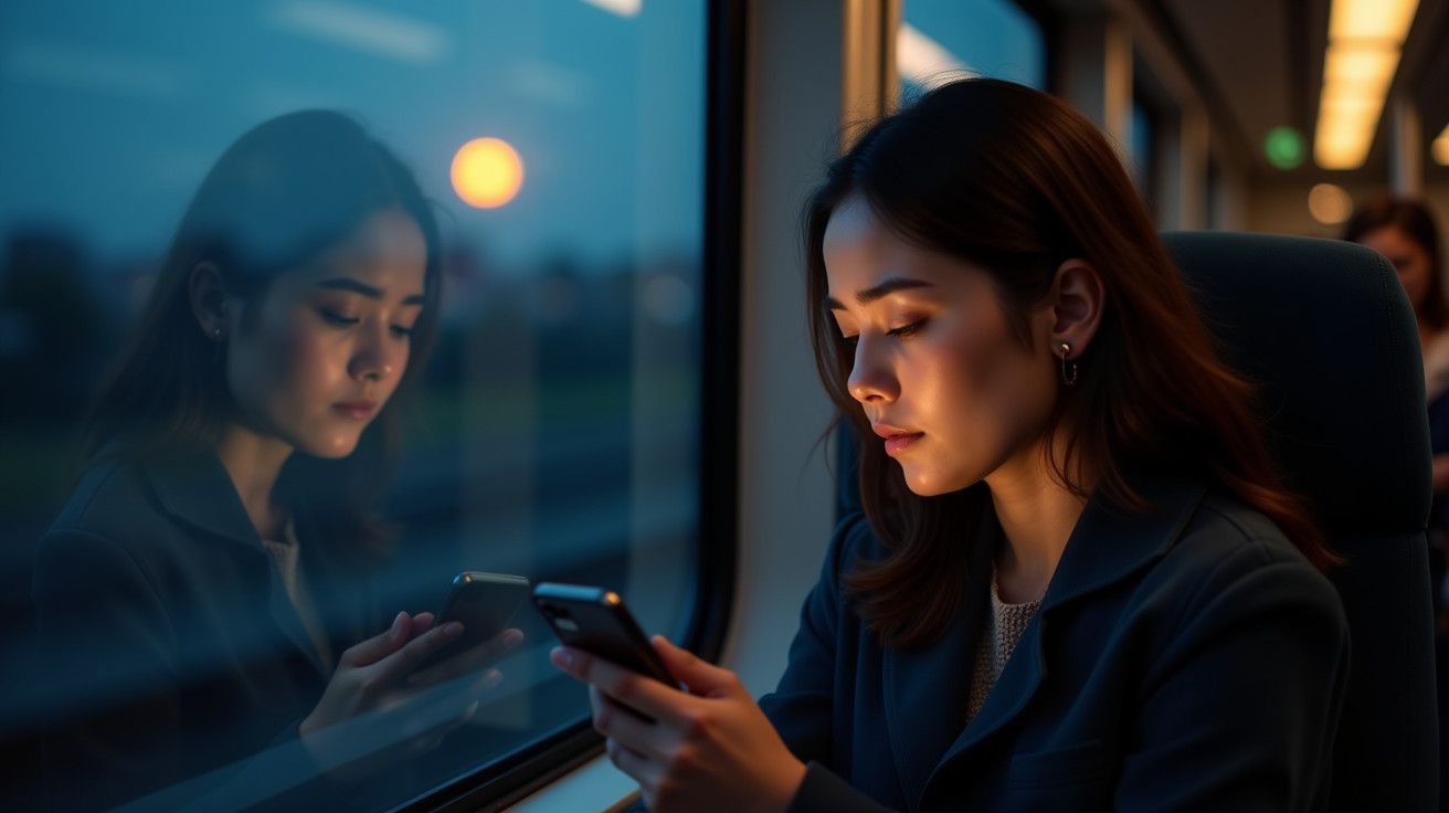 Mulher sentada num comboio à noite, a usar o telemóvel, refletida na janela, com a lua ao fundo.