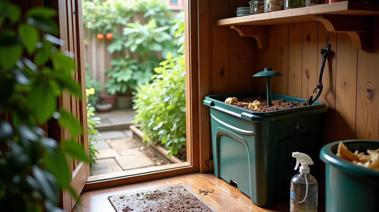 Composteira verde numa cozinha de madeira com porta aberta para o jardim, vaso de plantas e spray visíveis.