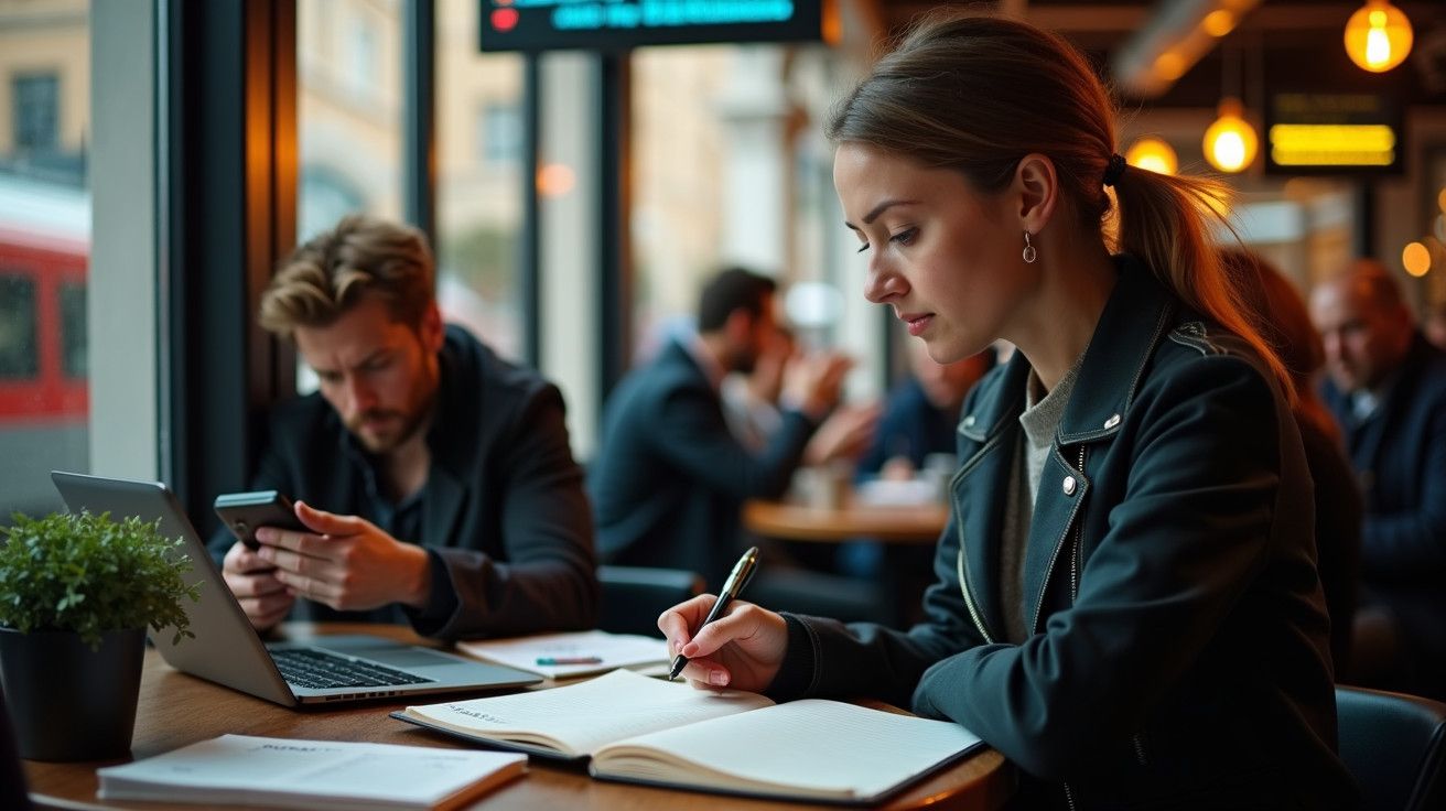 Mulher escreve em café enquanto homem usa telemóvel, ambos com laptops à frente. Ambiente acolhedor e luminoso.