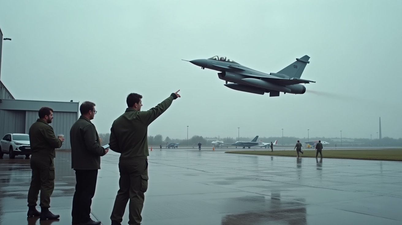 Avião militar a descolar em pista molhada, com três pessoas a observar e apontar no aeroporto num dia nublado.