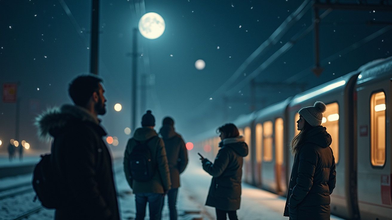 Pessoas vestidas para o frio na estação de comboio à noite, neve caindo e lua cheia no céu.