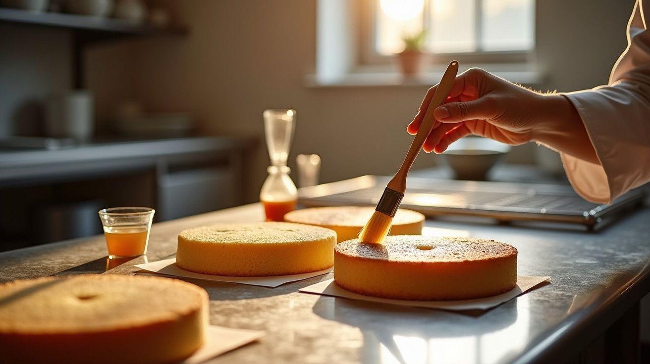 Mão a pincelar bolos num balcão de cozinha iluminado pelo sol.