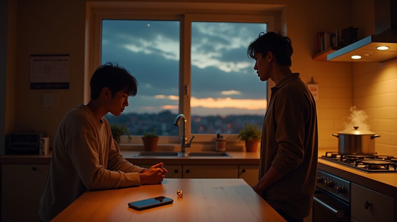 Dois homens numa cozinha ao entardecer, conversando à mesa. Uma panela no fogão e telemóvel na mesa.