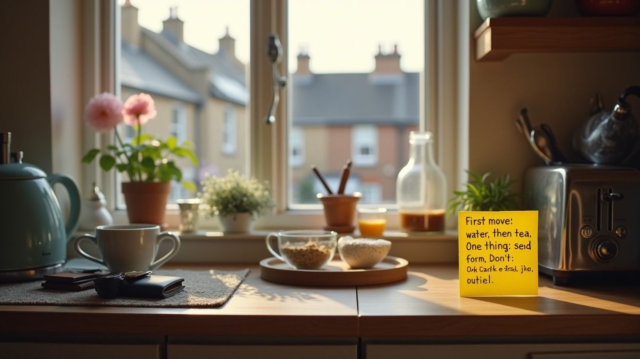 Cozinha iluminada pelo sol com chaleira, caneca, flores e outros itens em frente a uma janela com vista para casas.