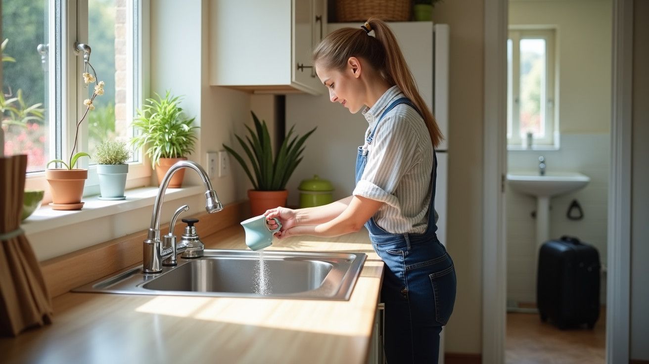 Mulher lavando chávena na cozinha iluminada, cercada por plantas em vasos na bancada junto à janela.