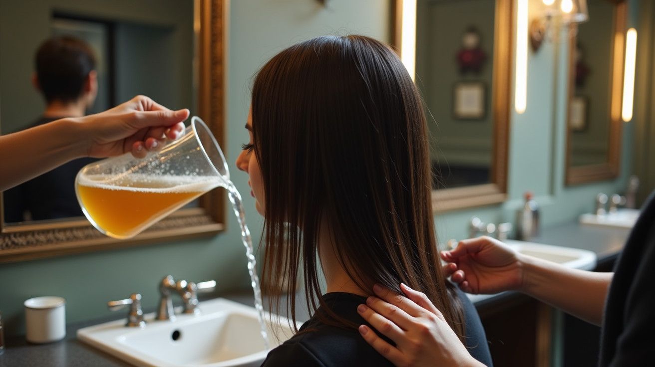 Pessoa a verter líquido âmbar em cabelo de mulher num salão.