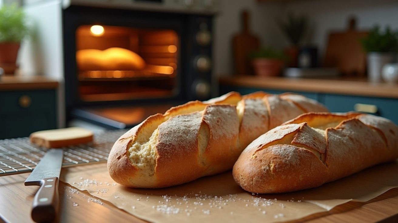 Pães frescos em cima de uma tábua, com forno ao fundo e faca ao lado.