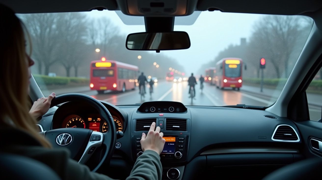 Vista do interior de um carro numa estrada com autocarros vermelhos e ciclistas à frente, num dia nublado.