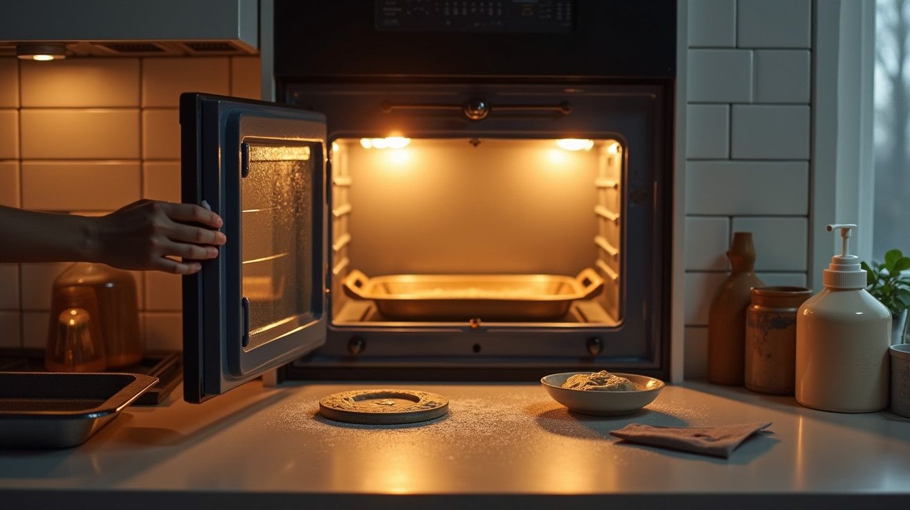 Pessoa a abrir forno aquecido numa cozinha, com tigela e massa na bancada ao lado.