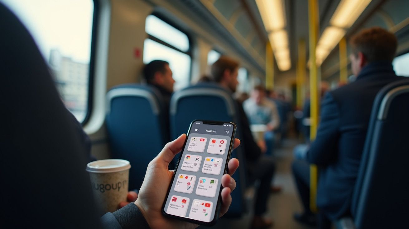 Homem segura smartphone com aplicações abertas num comboio, passageiros ao fundo, todos sentados.