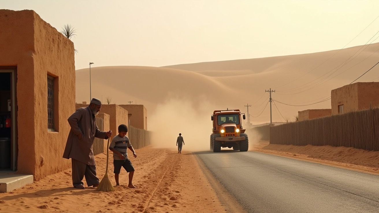 Homem e criança varrem ao lado de estrada deserta, camião ao fundo levanta poeira, dunas e casas em volta.