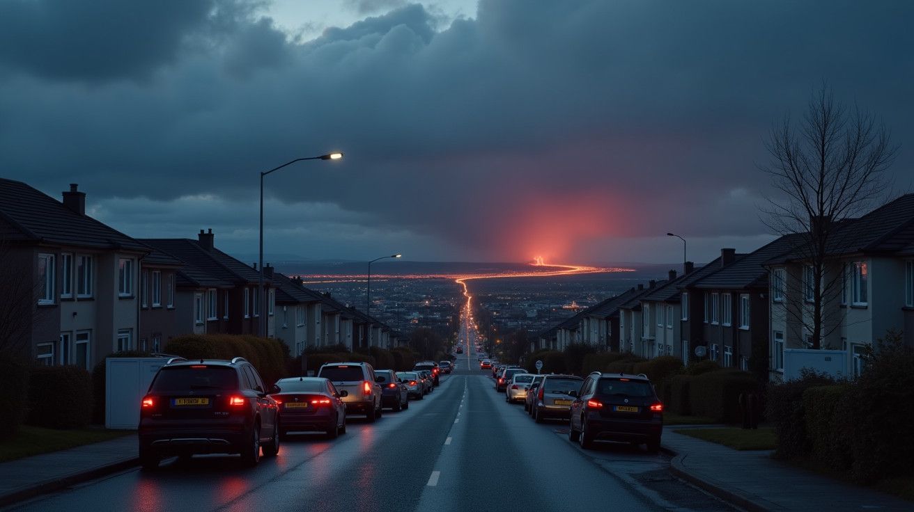 Rua suburbana à noite com carros sob céu nublado; ao longe, luz intensa ilumina o horizonte.