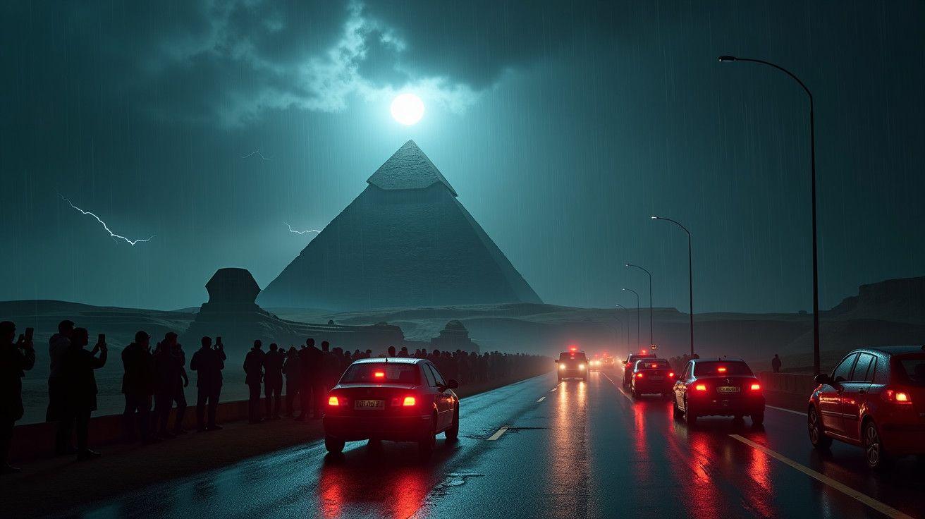 Estrada molhada à noite com carros em frente a uma pirâmide iluminada pela lua, relâmpagos ao fundo.