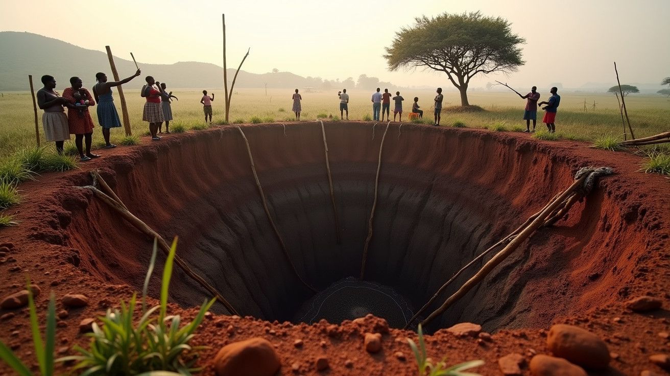 Pessoas observam um grande buraco no chão rodeado por estacas, com uma árvore ao fundo e colinas distantes.