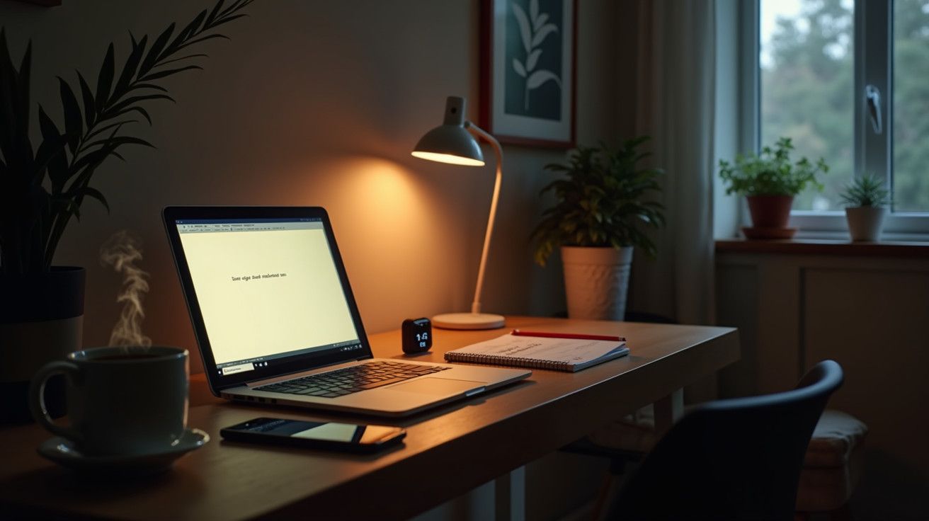 Escritório acolhedor com portátil, chávena, caderno e plantas, sob luz de candeeiro.
