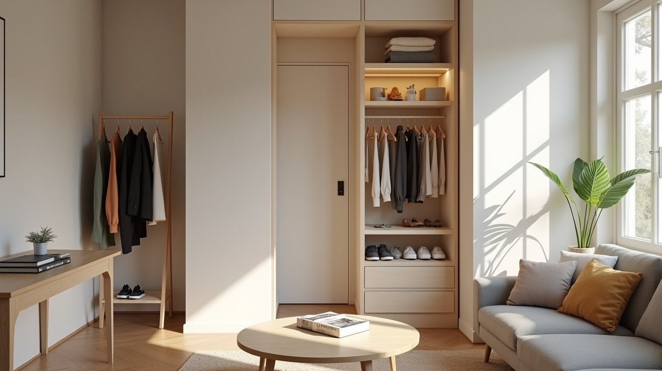 Sala moderna com sofá cinzento, mesa redonda, guarda-roupa aberto e planta em vaso junto à janela.