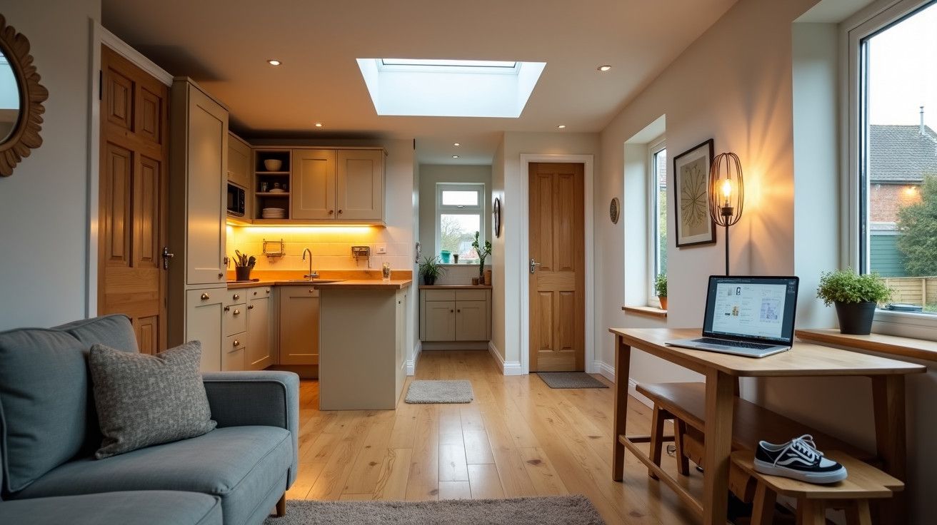 Sala moderna com cozinha aberta, sofá cinza, mesa de madeira com portátil, luz natural por claraboia.